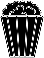 Popcorn icon.Vector illustration of Classic red and yellow striped popcorn bucket exploding with tasty buttery popcorn black and white drawing.Outline, glyph, filled outline style.