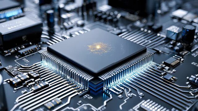 High-tech microprocessor on circuit board transitions from idle state to dynamic activation, showcasing intricate details and vibrant energy flow in a futuristic electronic environment