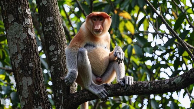 A proboscis monkey sits on a tree branch, captured from a low-angle shot. The lush green leaves create a vibrant, natural backdrop, ideal for wildlife video.
