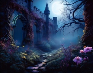 overgrown garden with twisted vines and dead flowers in the moonlight cast an eerie glow on the crumbling stone walls of a castle misty abandoned moonlit