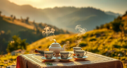 Outdoor tea set with warm natural atmosphere and mountain background, ideal for lifestyle design, rustic branding, and travel content.