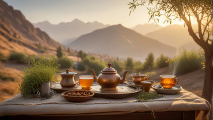Traditional tea set arranged outdoors with mountain view, perfect for lifestyle photography, travel promotion, and natural living concepts.