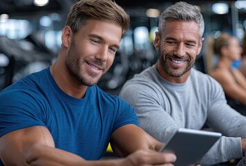 a personal trainer teaching an athlete to use the rowing machine in their gym, with both looking at their tablet screen for trending workout routines and various fitness equipment around them.