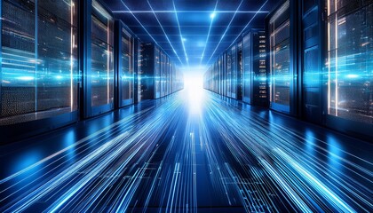 futuristic data center with blue light trails showcasing high speed data transfer and advanced technology infrastructure for cloud computing and artificial intelligence