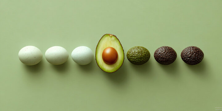 Creative row of eggs and avocado fruits on green surface - AI generated