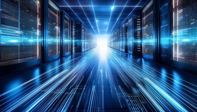 futuristic data center with blue light trails showcasing high speed data transfer and advanced technology infrastructure for cloud computing and artificial intelligence - Powered by Adobe