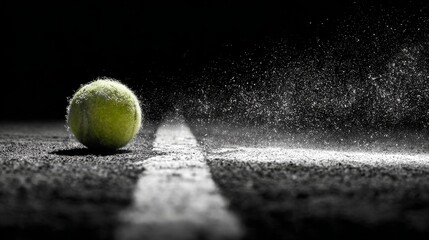 Close-up of bright yellow tennis ball with chalk dust flying after hitting the line on a black background, sports action concept highlighting precision, impact, and dynamic athletic energy
