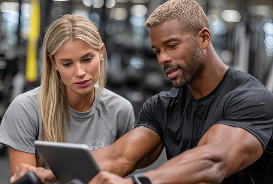 a personal trainer is teaching his client how to use the rowing machine in the gym, holding an ipad and showing him data on the screen