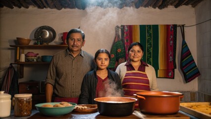 A family stands together in a cozy kitchen, surrounded by traditional cookware and vibrant textiles, showcasing a warm atmosphere of cooking and togetherness.