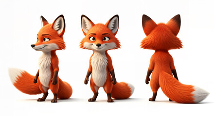 Fototapeta premium Three charming cartoon foxes in different poses side view, front view, and back view, isolated on white background