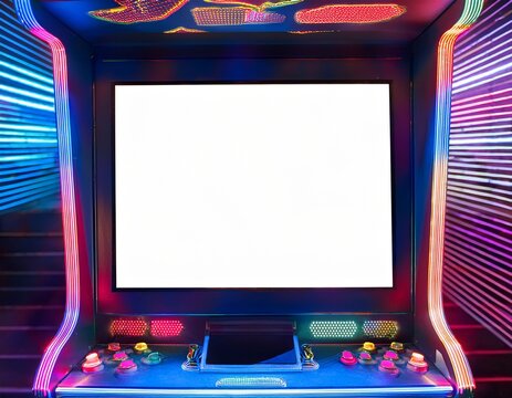 a retro arcade machine with an empty white screen surrounded by neon lights in a dark arcade captured in a vibrant colorful photo style
