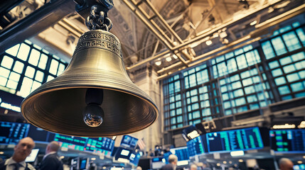 Trading bell rings in stock exchange during market activity Generative AI