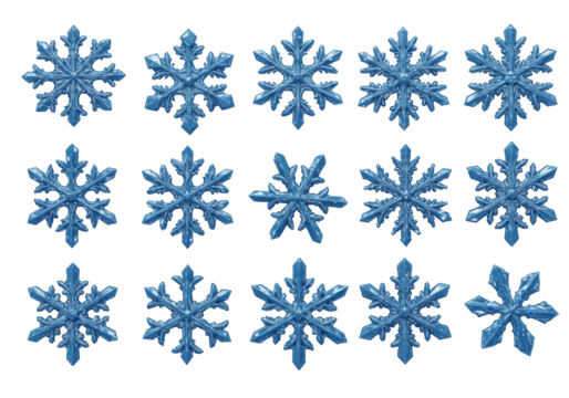 Fifteen distinct blue snowflake icons, intricate, varying sizes and designs, on pristine transparent background, elegant winter product display concept.