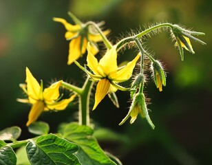 Fototapeta premium yellow flowers of a tomato plant blooming in the garden on a sunny day leafy blossom