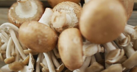 Displaying brown button mushrooms and slender white-stemmed mushrooms on wooden tabletop in kitchen