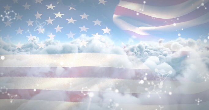Displaying composite American flag elements overlaying cloudscape view, with glowing particle orbs - Powered by Adobe