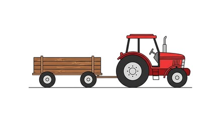 Fototapeta premium Classic red tractor towing a sturdy wooden trailer, ready for farm work and agricultural transport, symbolizing rural life and harvest.