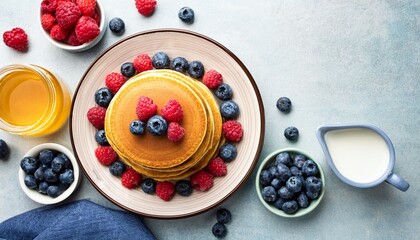 stack of pancakes with fresh blueberry raspberry and honey milk and fresh berries healthy breakfast concept top view
