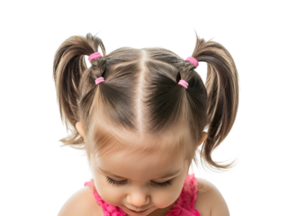 Close-up shot of a young child with brown hair styled in two ponytails, looking down.
