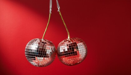 two hanging cherries made of disco balls on red background