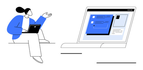 Person sitting with a laptop in hand, gesturing to a digital interface on a larger laptop screen. Ideal for teamwork, communication, brainstorming, remote work, presentation, planning, simple flat