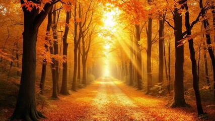 Golden autumn forest path bathed in radiant sunlight evoking the warmth and gratitude of a traditional thanksgiving season
