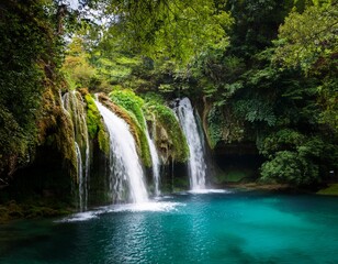 Fototapeta premium a serene cascade of waterfalls plunging into a vibrant emerald pool surrounded by lush greenery