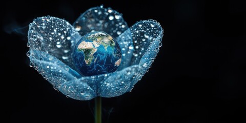 Blue glass crystal tulip flower containing earth globe with smoke effects on black background, surreal macro scene with volumetric lighting and water droplets for creative design concepts.