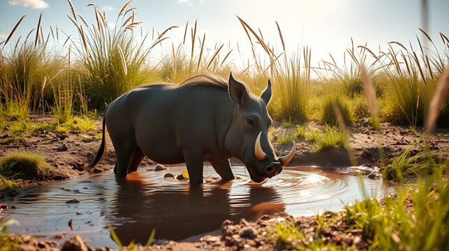 Warthog wallowing in mud at waterhole surrounded by tall grasses under sunny sky