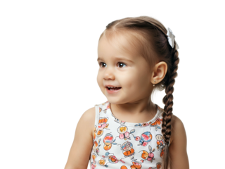 Charming portrait of a happy little girl with a long braid, capturing a moment of pure childhood joy and curiosity isolated on white