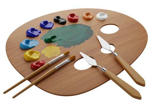 Smooth wooden artist's palette with vibrant oil paints, professional paintbrushes, silver knife on transparent background, high-key studio lighting, concept of high-quality art tools