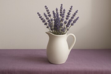 Minimalist Still Life with White Ceramic Pitcher and Lavender – Calm Mood on Purple Linen