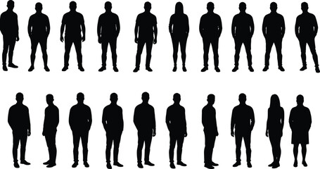 Silhouettes of Diverse People Standing in Rows, Men and Women Figures, Vector Illustration for Business, Teamwork and Crowd Concepts