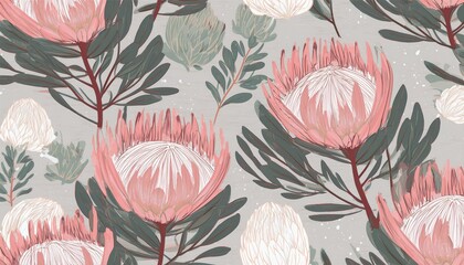 seamless pattern featuring protea flowers in soft pastel tones on textured background summer
