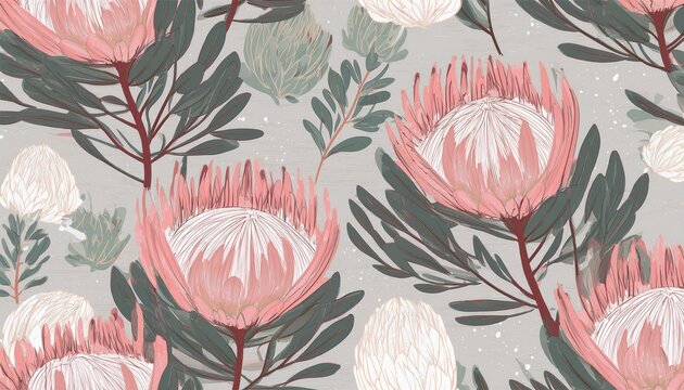 seamless pattern featuring protea flowers in soft pastel tones on textured background summer