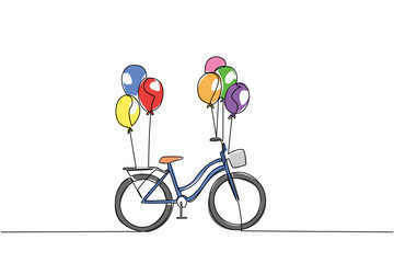 One line drawing of a bicycle with colorful balloons attached, celebration concept, joyful theme for World Bicycle Day, minimalist style representing happiness and fun cycling moments.
