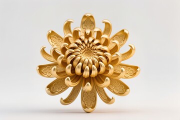 A surreal, simple 3d artwork of Golden chrysanthemum with decorative petals, regal Asian art, white background