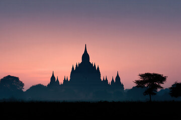 stunning silhouette of ancient temple against snowy horizon essence of winter beauty