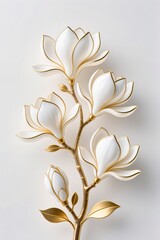 A surreal, simple 3d artwork of Decorative magnolia illustration with golden outlines, luxury floral design, white base