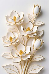 A surreal, simple 3d artwork of Decorative magnolia illustration with golden outlines, luxury floral design, white base