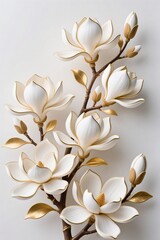 A surreal, simple 3d artwork of Decorative magnolia illustration with golden outlines, luxury floral design, white base