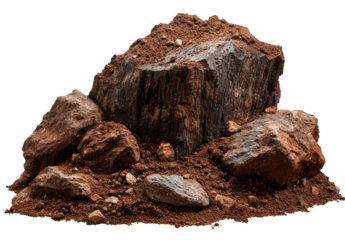 Pile of reddish-brown soil and rocks.  A large, dark-grey/brown rock sits centrally, surrounded by smaller rocks and earth