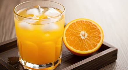 Fototapeta premium Refreshing Orange Juice: Ice Cubes and Orange Slice