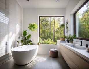 bright and modern white bathroom with freestanding tub and large window overlooking greenery