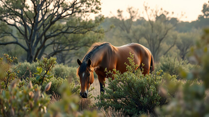 horse grazing in the bush in the middle of nature