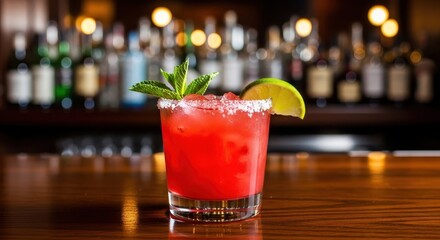 Refreshing Red Cocktail with Lime and Mint Garnish
