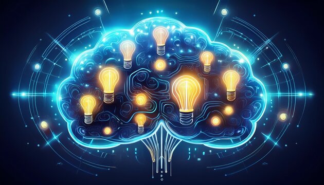 glowing brain shaped cloud with orbiting lightbulb symbols in a futuristic interface