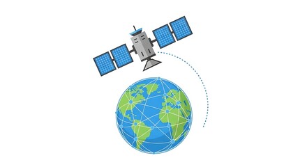 Fototapeta premium Global communication network connection established by orbiting satellite transmitting data across interconnected continents for worldwide connectivity and digital expansion