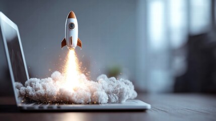Launching Space Rocket From Laptop Screen. Generative AI web, business, cyberspace, rocket, technology, up, start