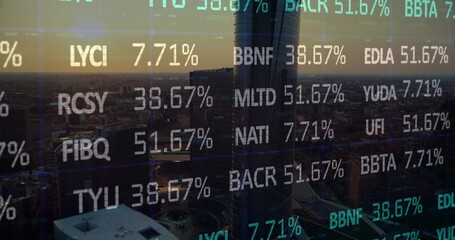 Showing cylindrical skyscraper rising over urban skyline at sunset, with stock ticker overlay